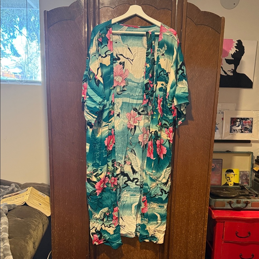 Floral Kimono with Pink and Green Design